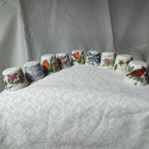 Lot Of 9 Vintage Porcelain Thimbles–flowers, Birds, Home Sweet Home